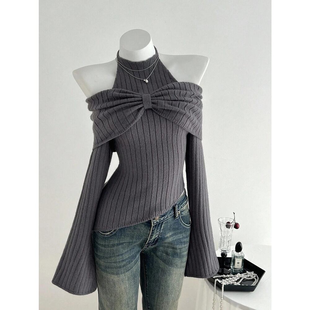 Women’s Dark Grey Ribbed Knit Halter Off-Shoulder Sweater Top w/ Bow Detail - XL - Picture 5 of 5
